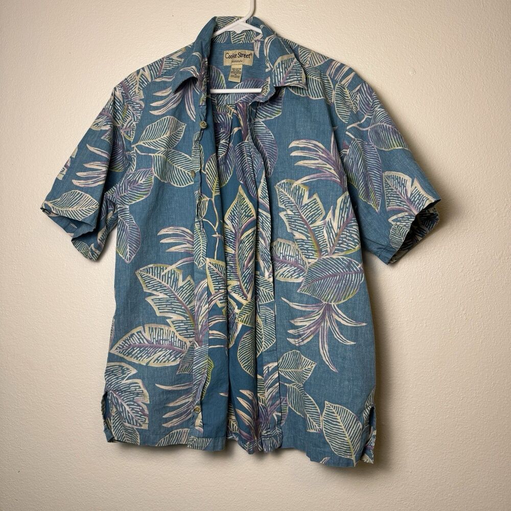 Cooke Street Hawaiian Shirt Men M Reverse Print Blue Watercolor Leaf Cotton